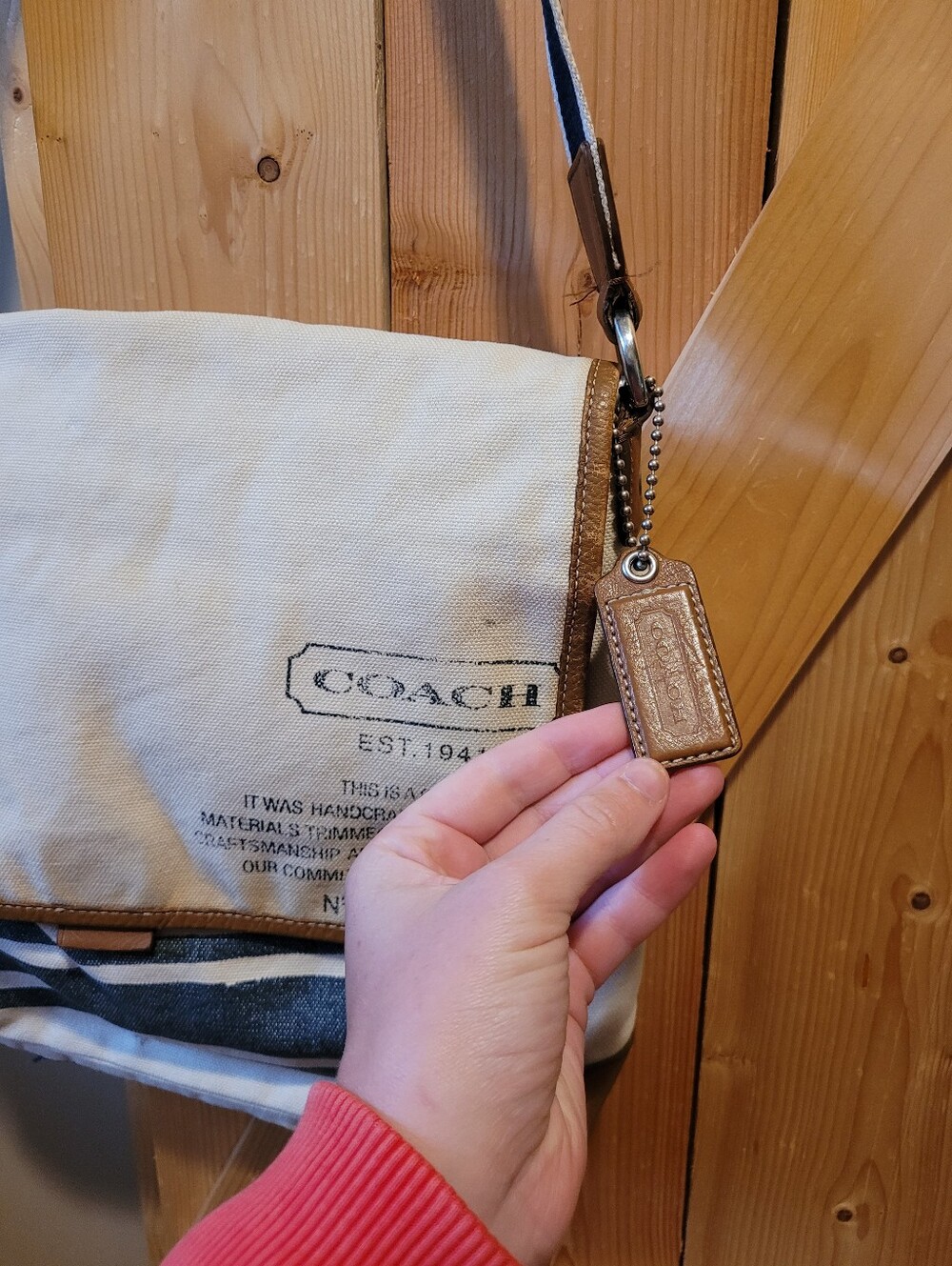 Coach Men's Cream Canvas Messenger Bag with Navy Stripe - Picture 2 of 10